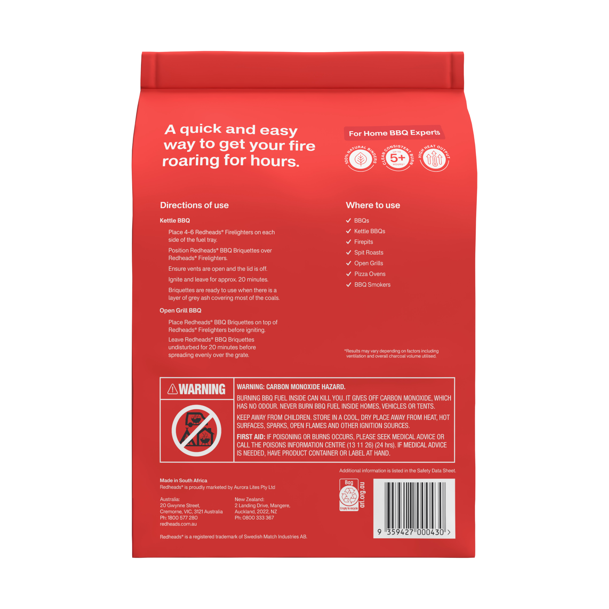 Redwood BBQ Carbone Briquettes 3 Kg - Accensione Facile, Senza Fumo, EN1860
